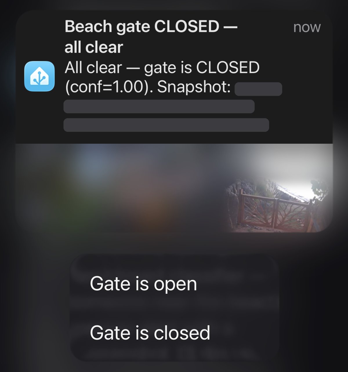 iPhone notification: Beach gate CLOSED, all clear, with a camera thumbnail showing the gate and two buttons, Gate is open and Gate is closed.