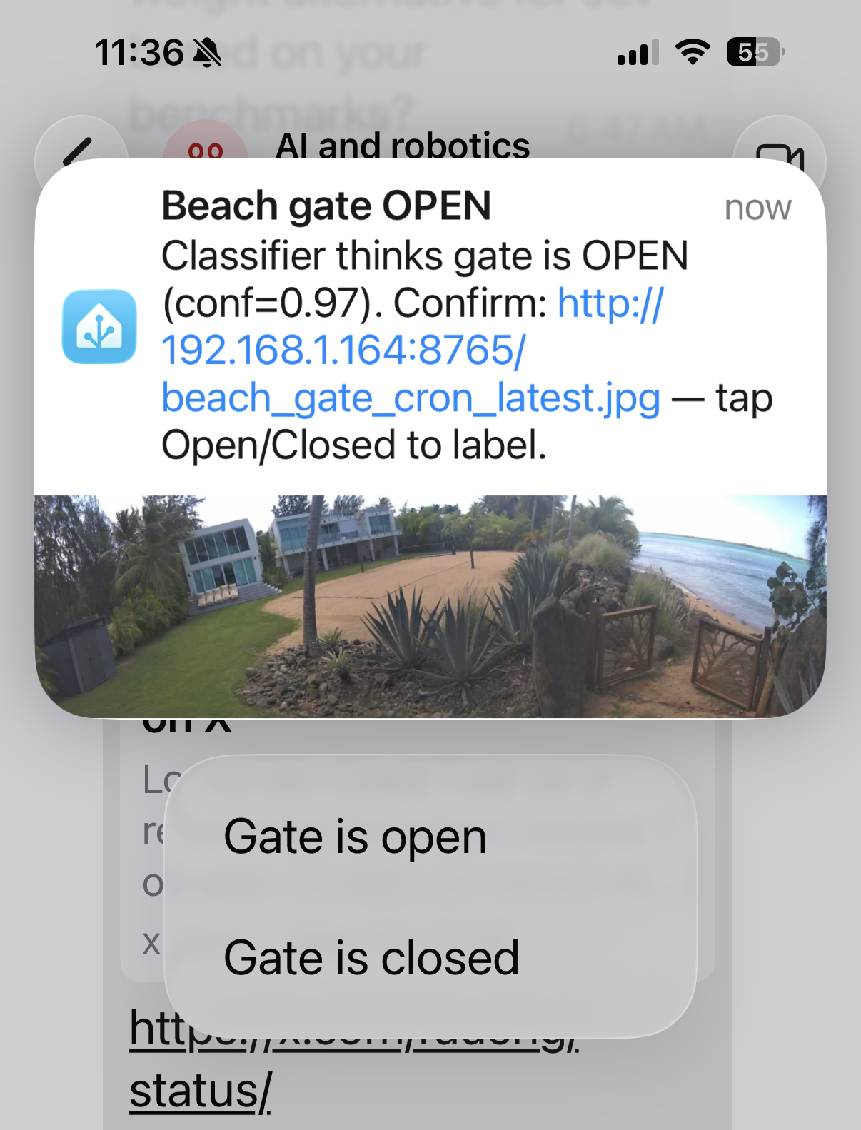 iPhone notification titled Beach gate OPEN, showing the camera view of the beach gate and two buttons: Gate is open and Gate is closed.