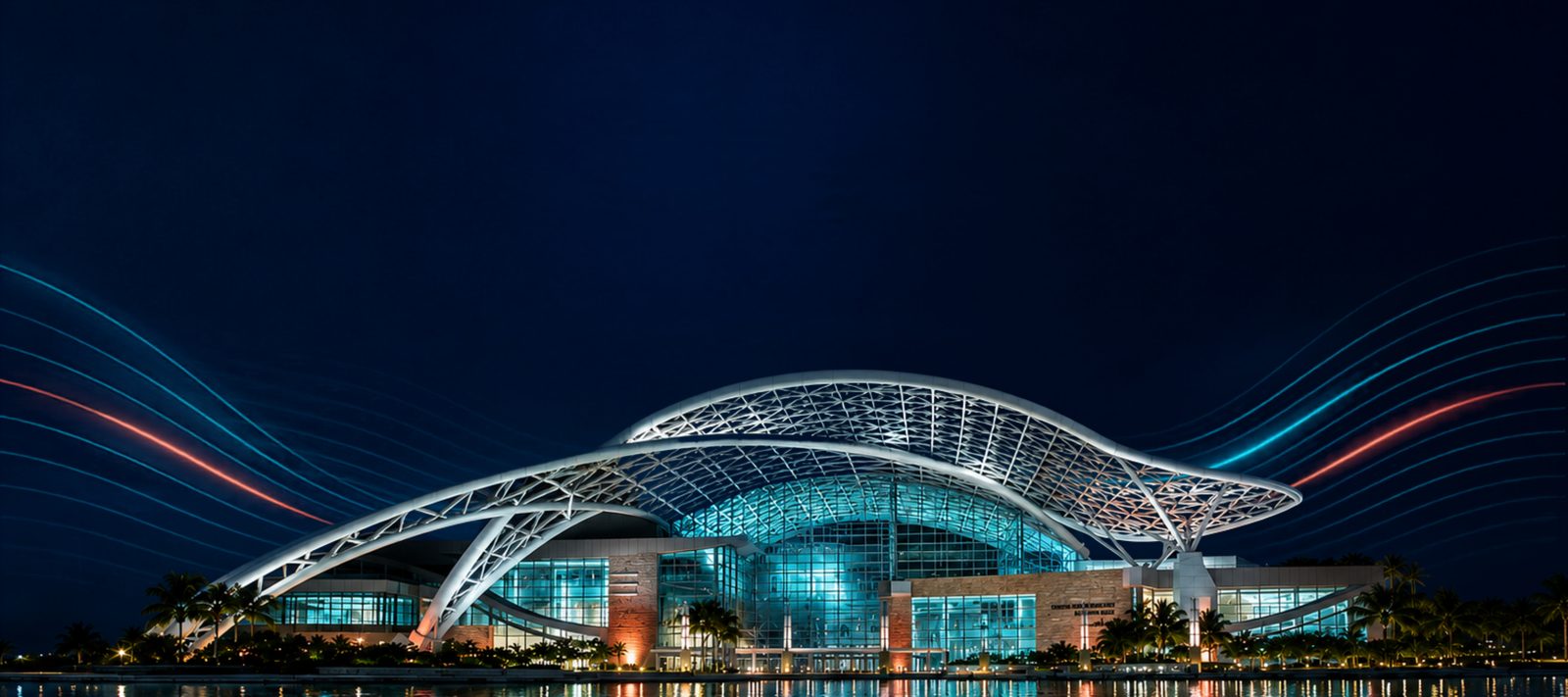 Night view of the Puerto Rico Convention Center with neon light trails
